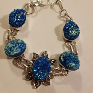 Blue druzy agate gemstone silver  bracelet